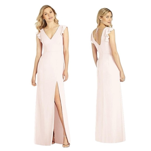 AfterSix 6810 Chiffon Tie Back Ruffle Sleeve Front Slit Occassion Dress Cameo - Picture 1 of 13